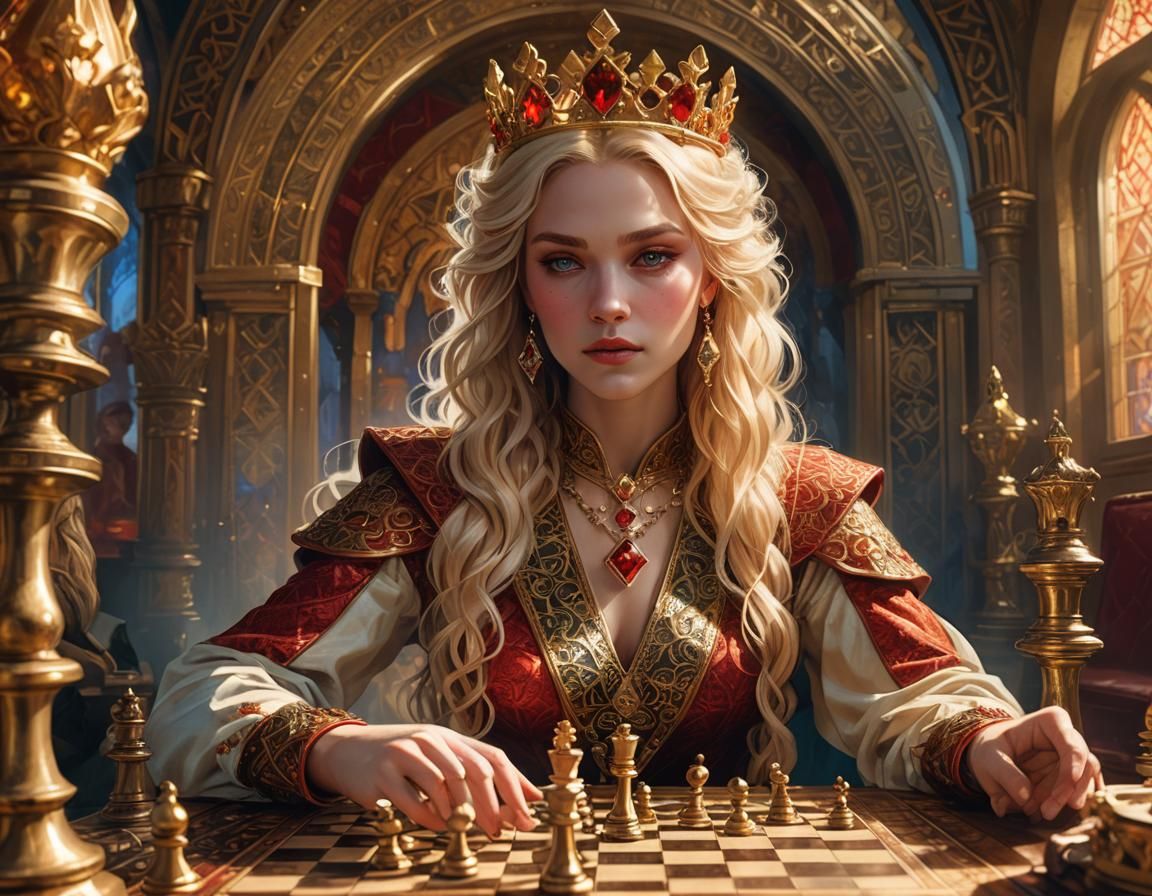 Art Nouveau Blonde Queen Playing Chess