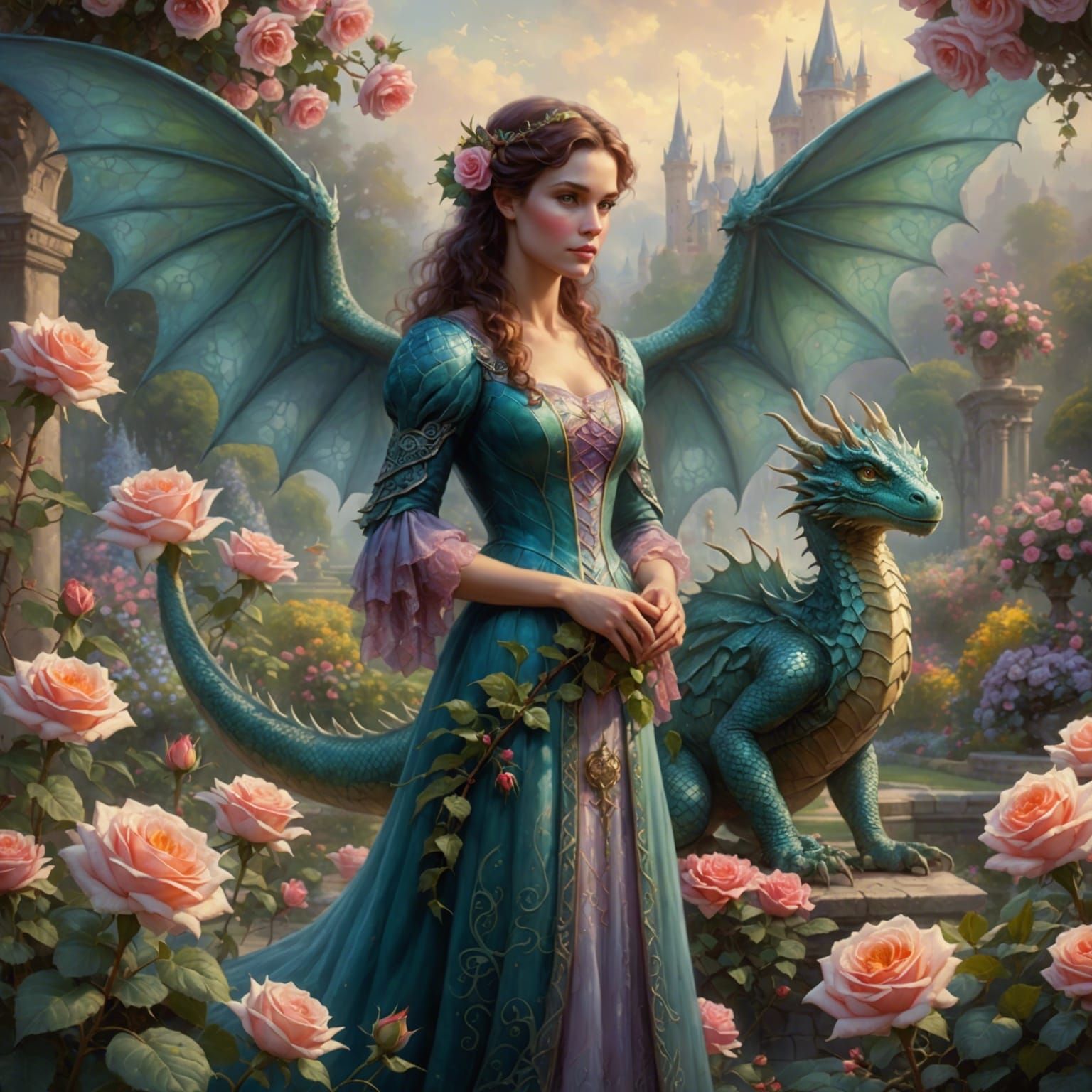 Fae Woman with Dragon in Rose Garden