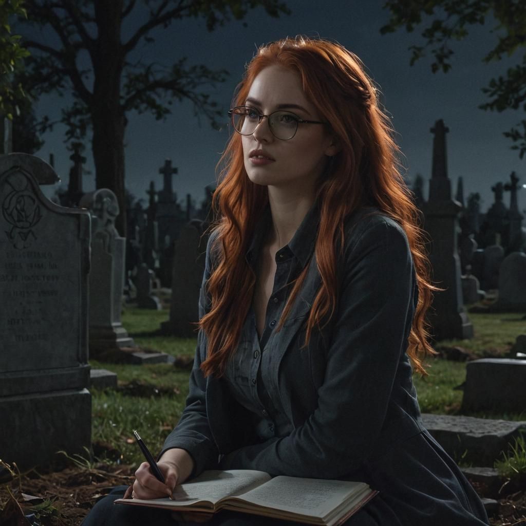 Redhead Writes in Cemetery at Night: Hyperrealistic Portrait