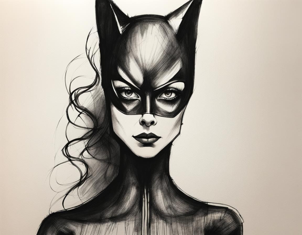 Catwoman Portrait in Gothic Sketch Art Style