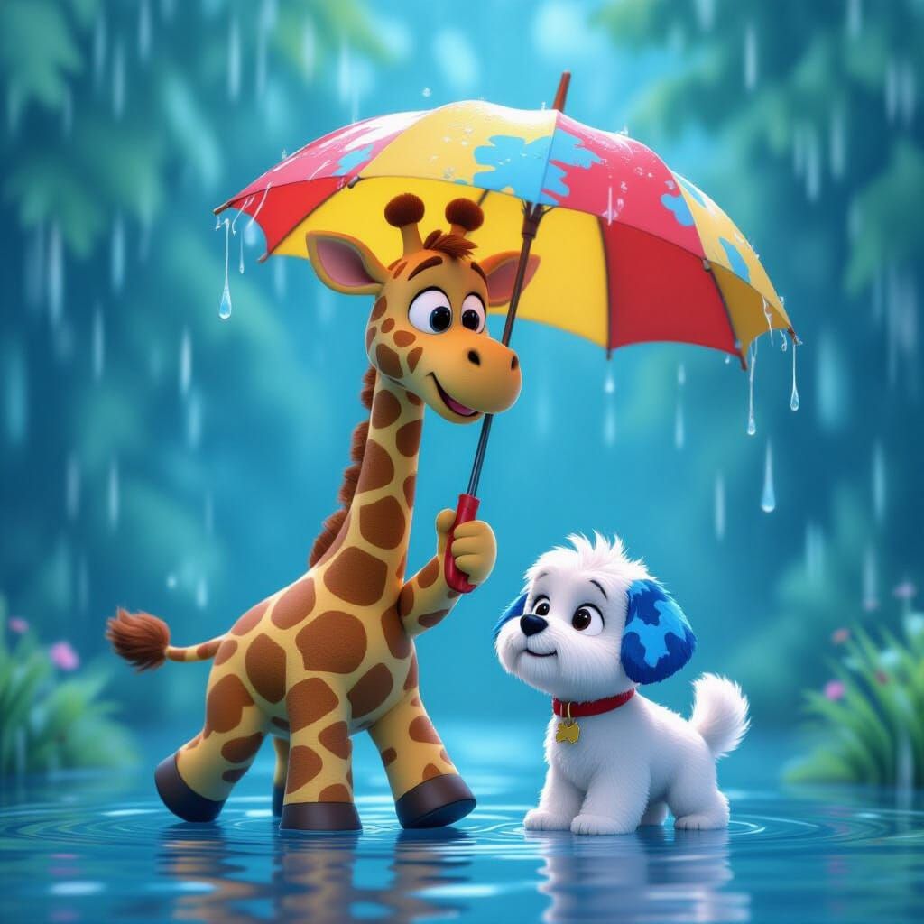 Whimsical Giraffe Tiptoes in Blue Rain with Maltese Dog