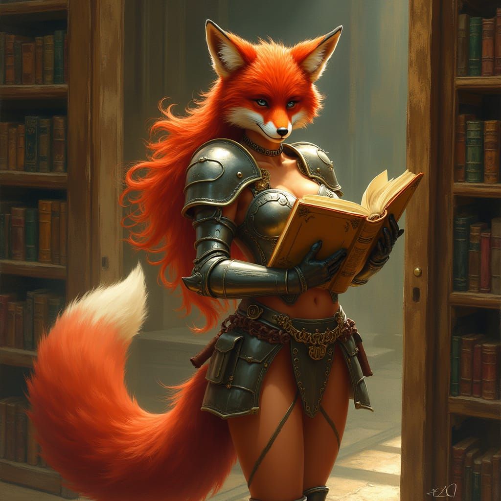Fox Woman in Library, in Fantasy Art Style