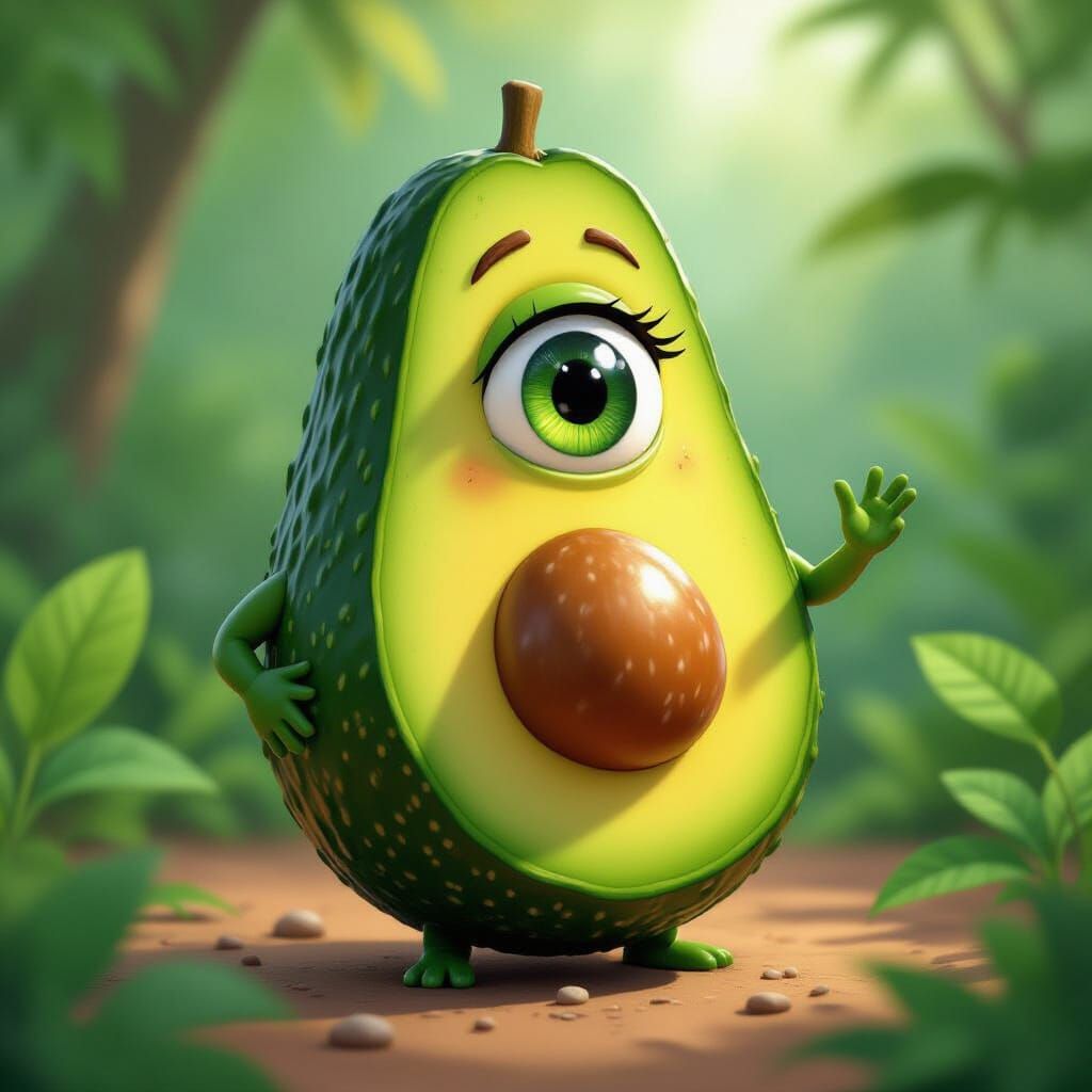 Anthropomorphic Avocado in Lush Environment, Digital Art