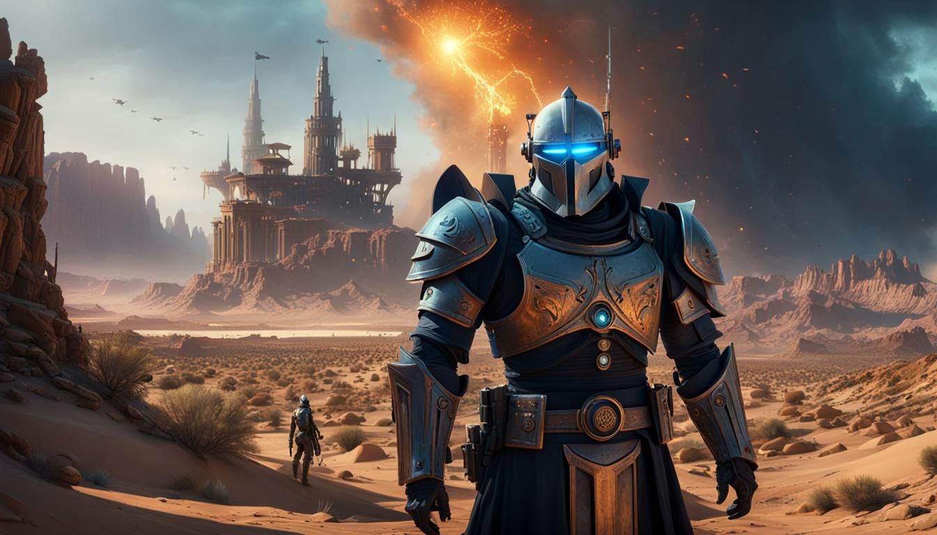 Gunslinger Meets Robot Knight in Desert Ghost Town