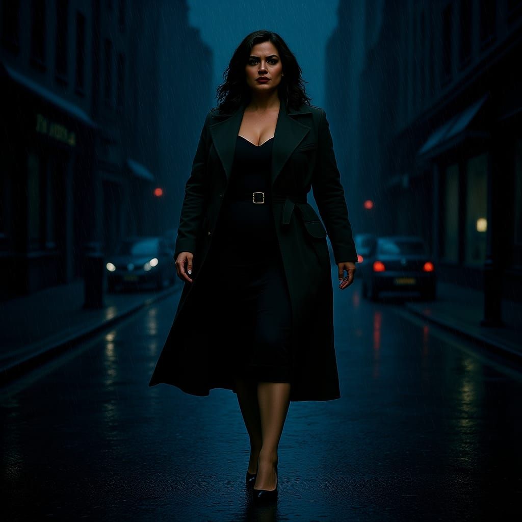 Curvy Woman Walks Rainy City Street in Cinematic Style