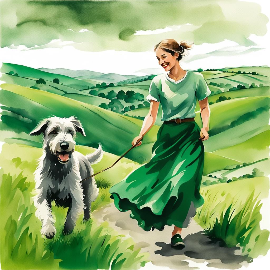 Woman and Irish Wolfhound in Ink Wash Style