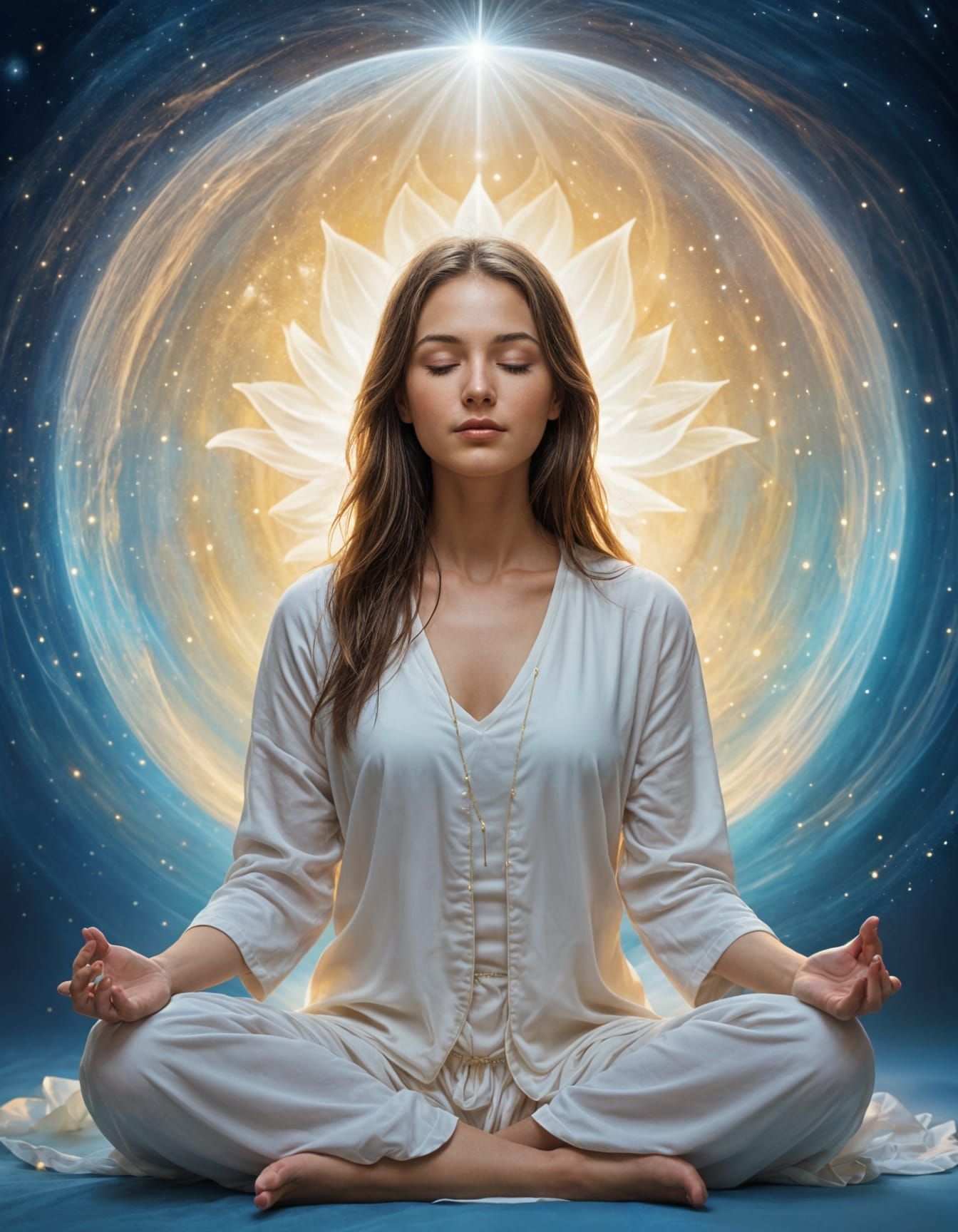 Ethereal Woman Meditating in Luminous Blue Sphere
