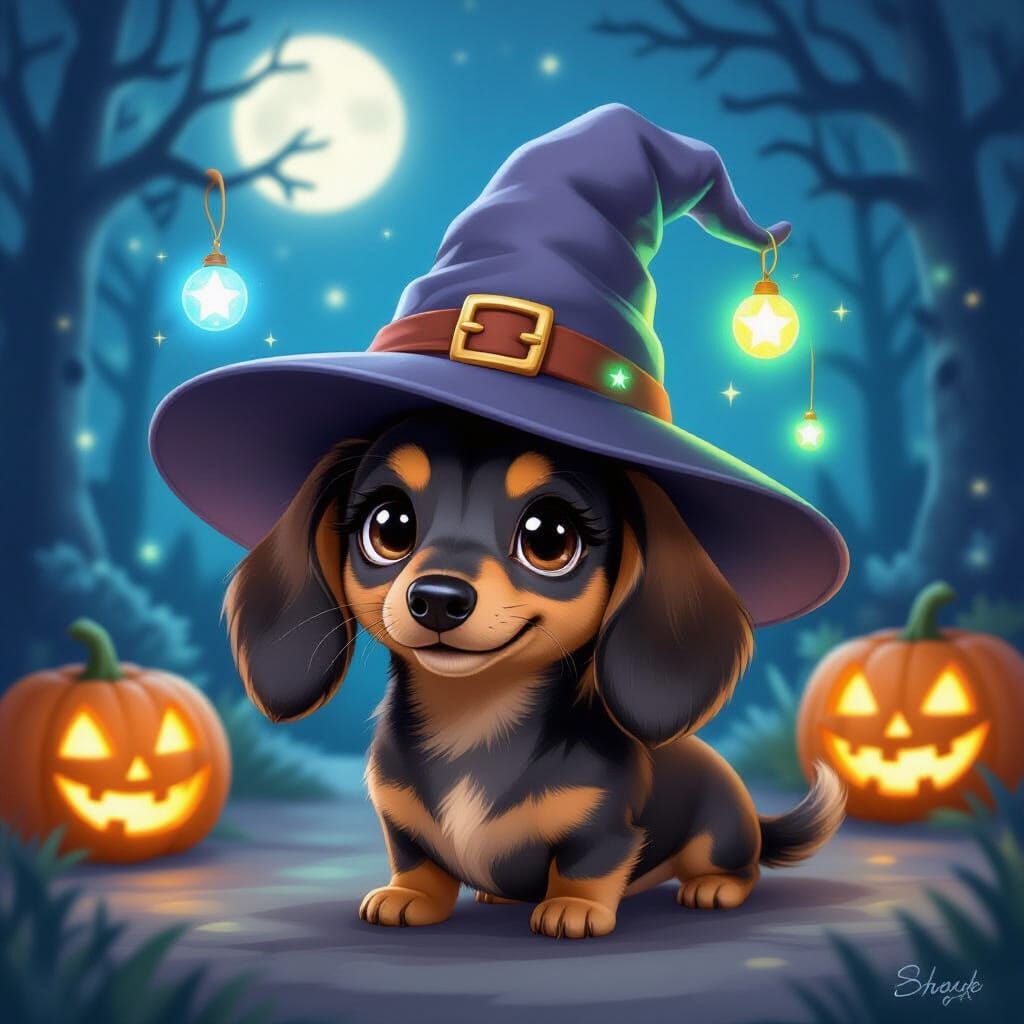 Kawaii Dachshund in Witches Hat with Magic Forest
