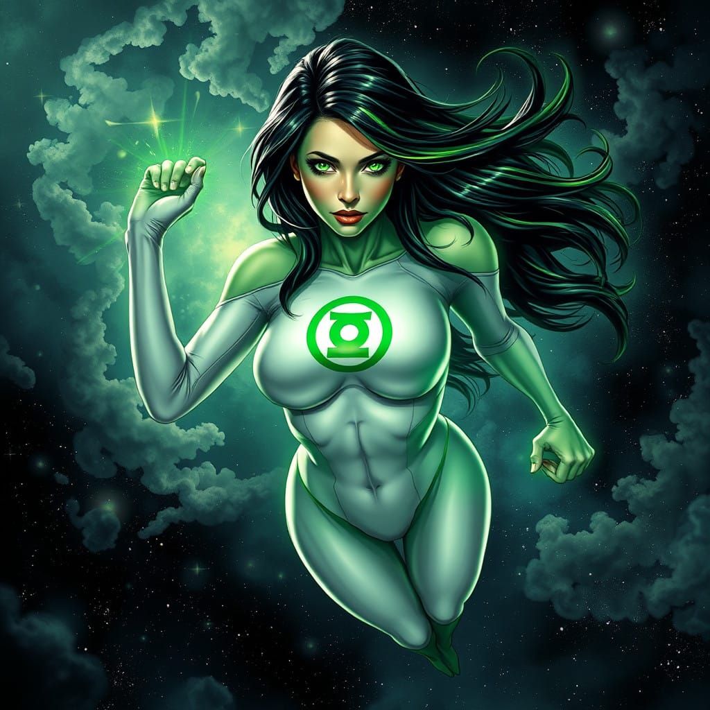 Hyper-Realistic Green Lantern Goddess in Cosmic Elegance