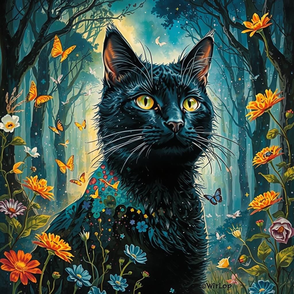 Cat Silhouette Forest in Fairy-Tale Starry Sky