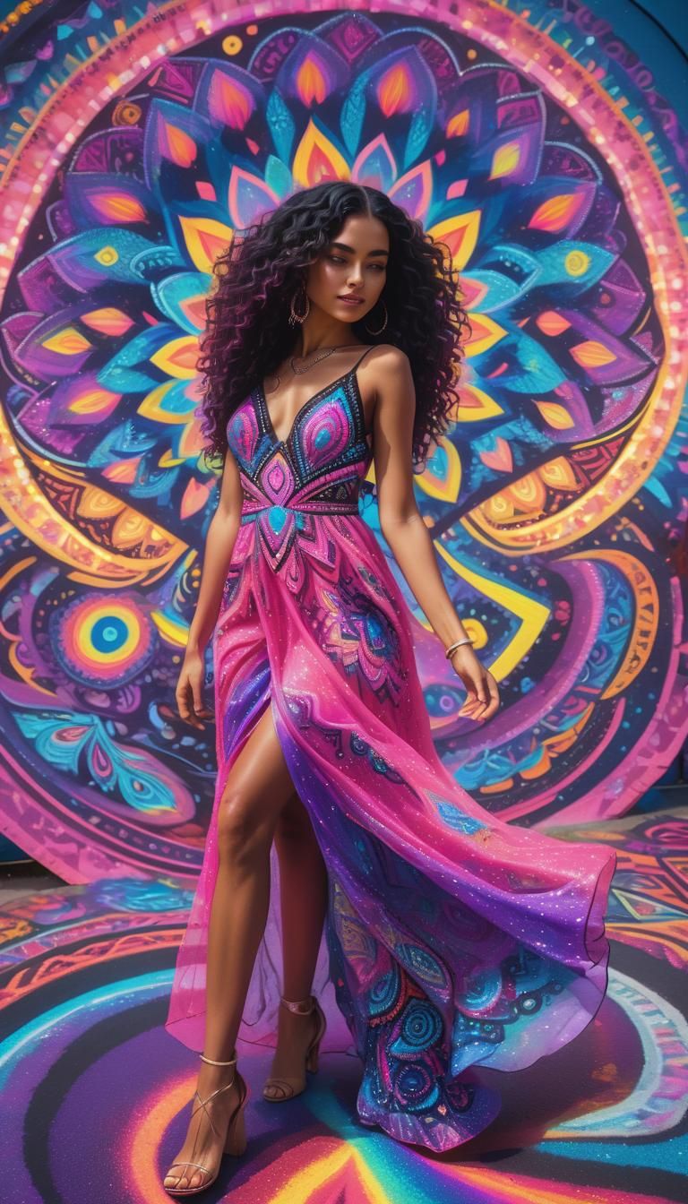 Sun kissed tan Latino woman in a flowing neon pink sparkling...