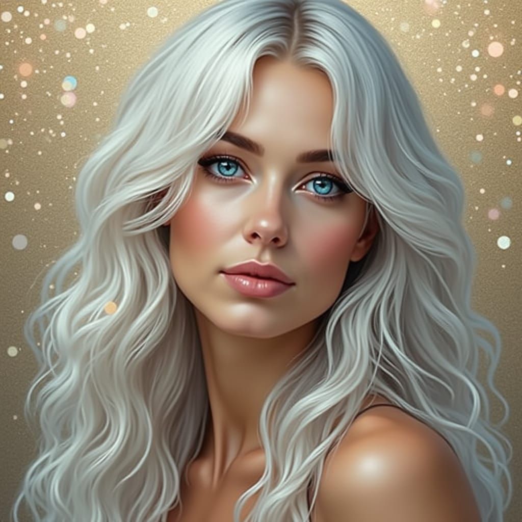 Ethereal Portrait of a Woman in Frosty White Hair with Blue ...