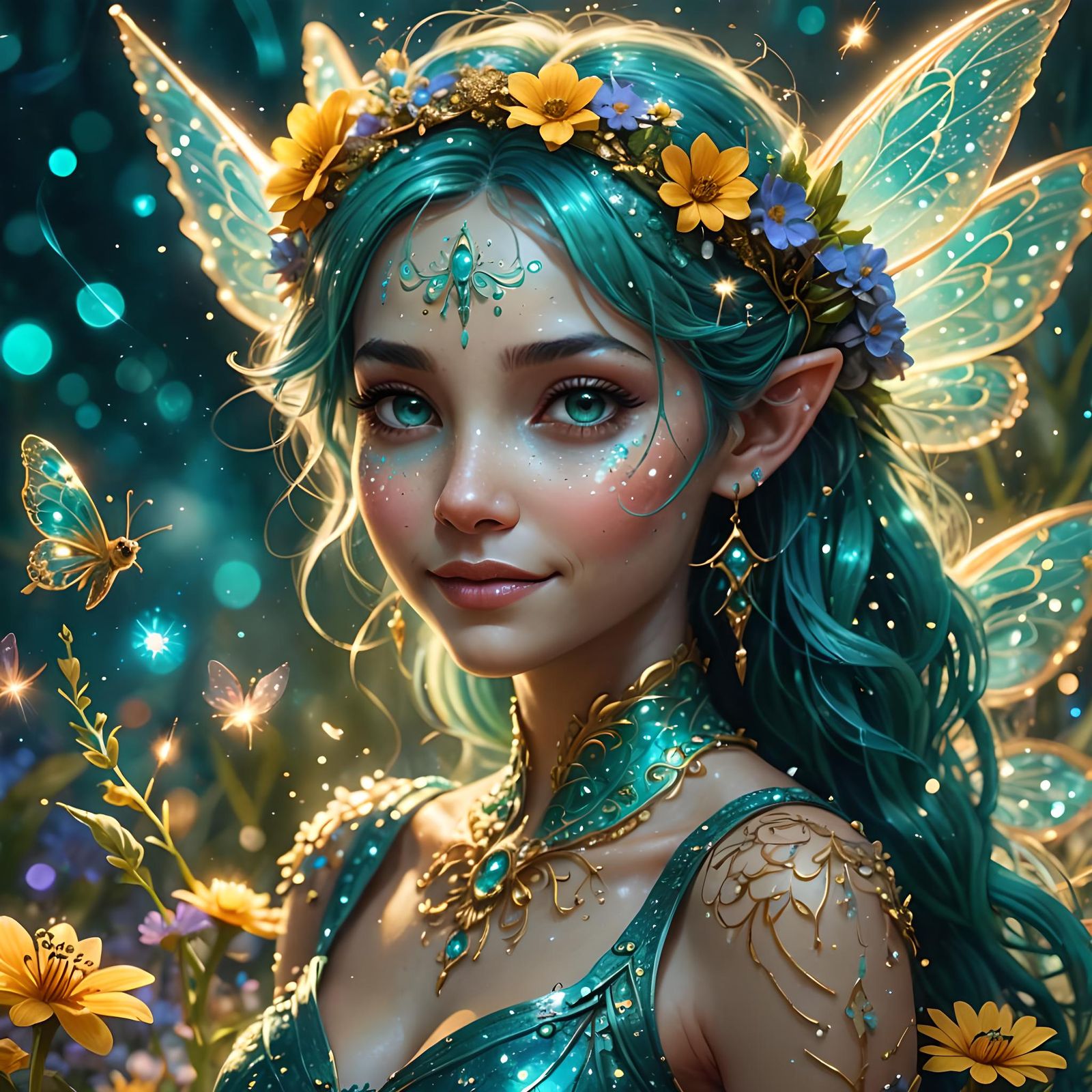 Teal Fairy Portrait in Digital Fantasy Art Style