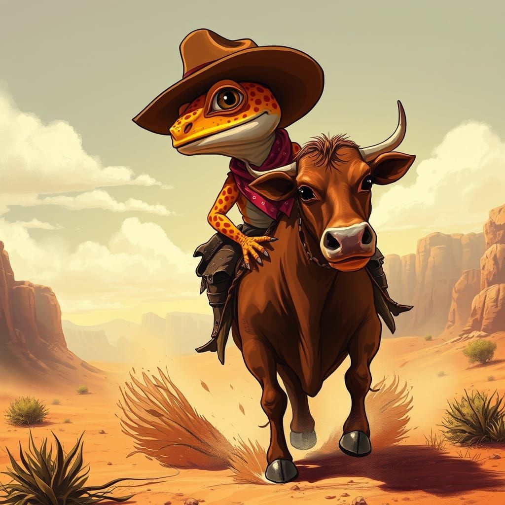Whimsical Cowboy Gecko Rides Majestic Brown Cow Through Dust...