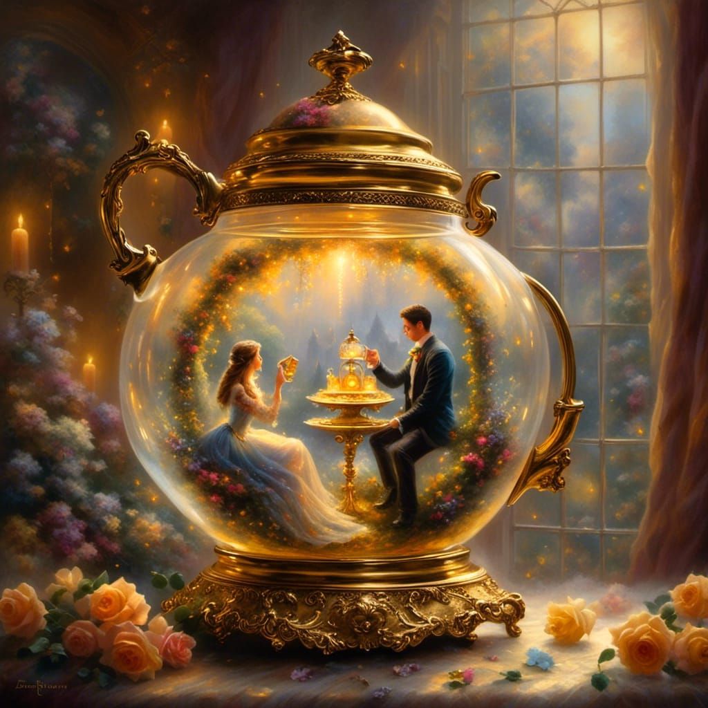<lora:Inside:1.0> a couple kissing inside a glass teapot, well crafted, golden colors,  oil painting by James Gurney  et...
