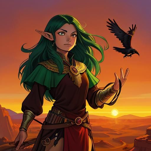 Latina Elf Ranger in Desert Sunset, Fantasy Art