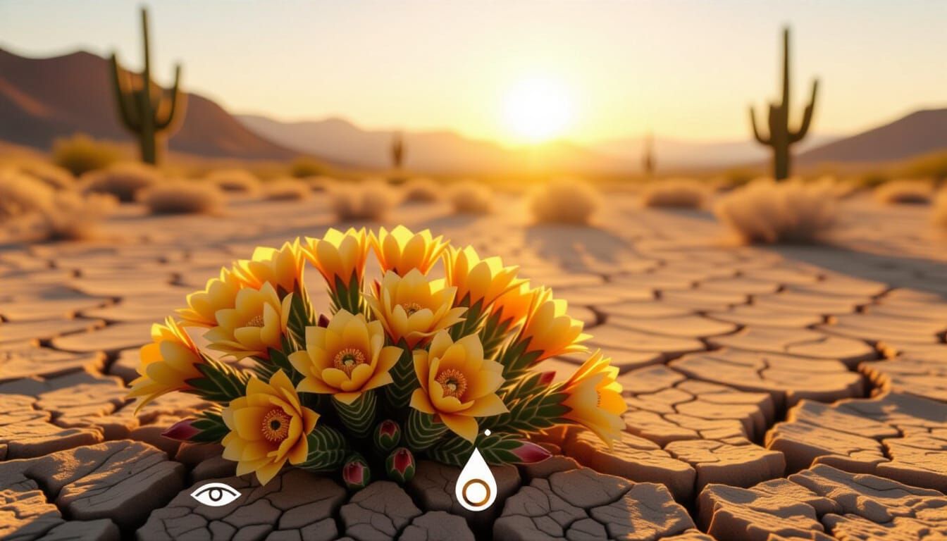 Golden Desert Bloom at Dawn with Oasis Mirage