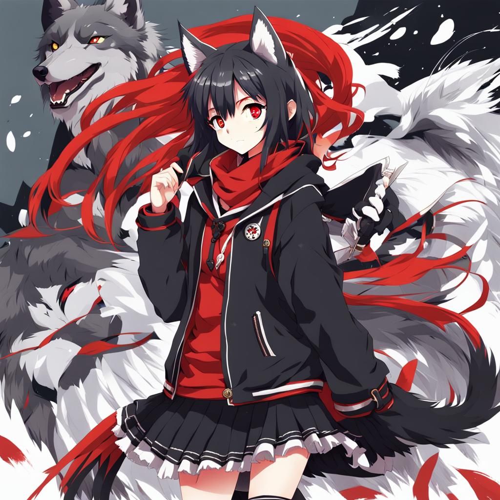 Anime Wolf Girl with Red and Black Details