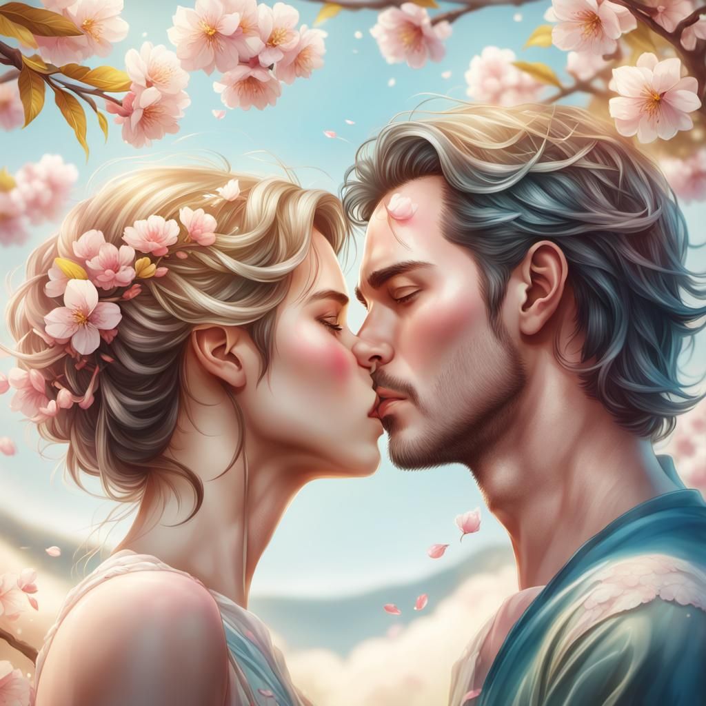 Romantic Couple Kissing Under Cherry Blossoms
