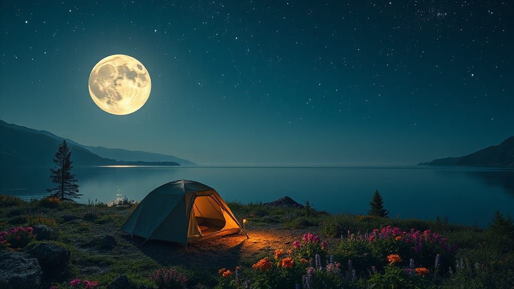 Tranquil Campsite by Lake Under Silver Moon