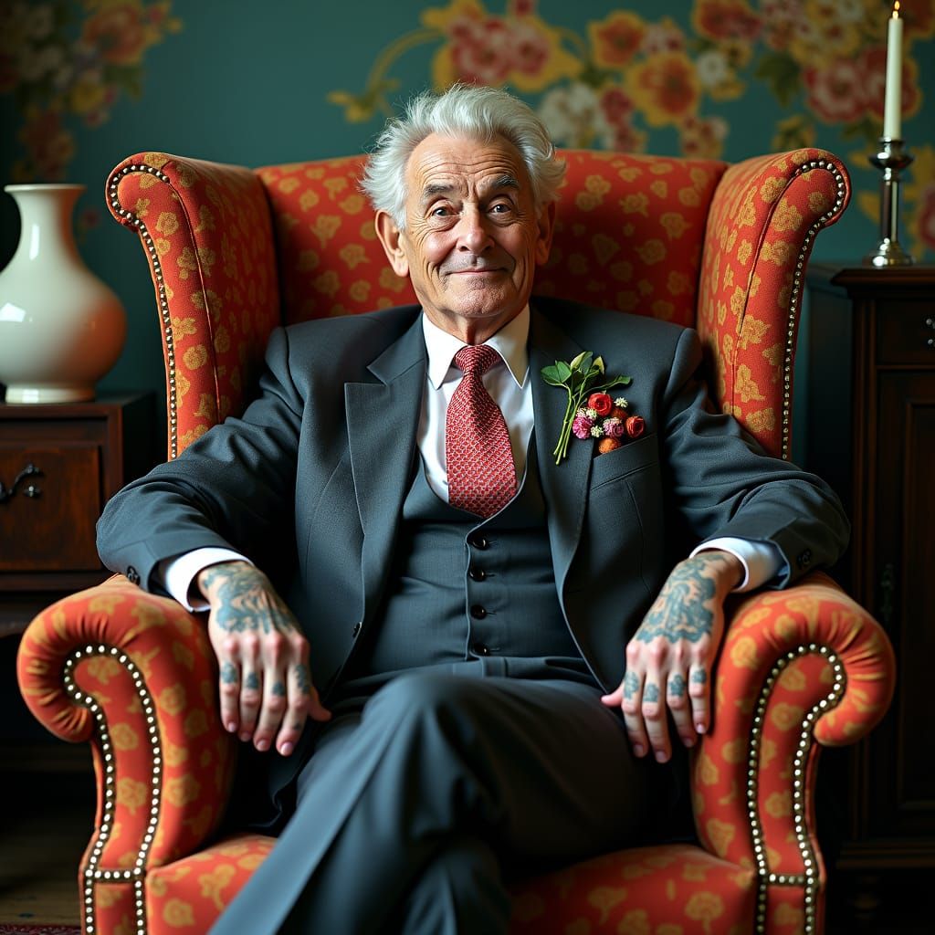 Tattooed Grandfather in Hyper-Realist, Surreal Style