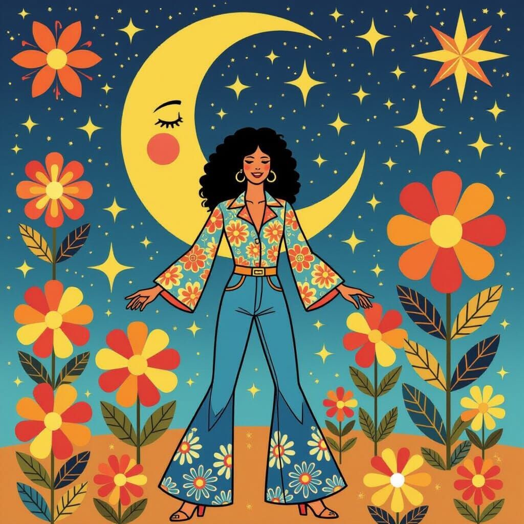 1970s Psychedelic Poster Art with Flowers and Stars