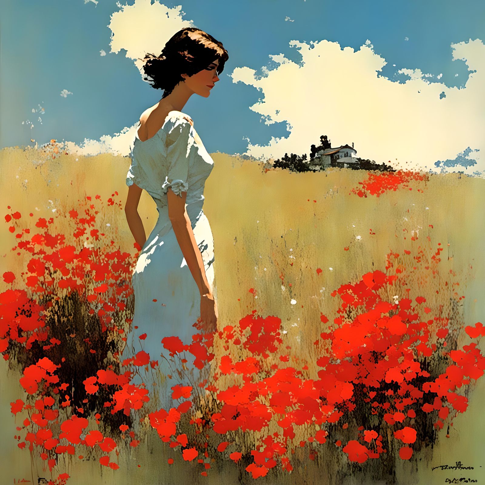 Woman in Red Flower Field: Impressionist Painting