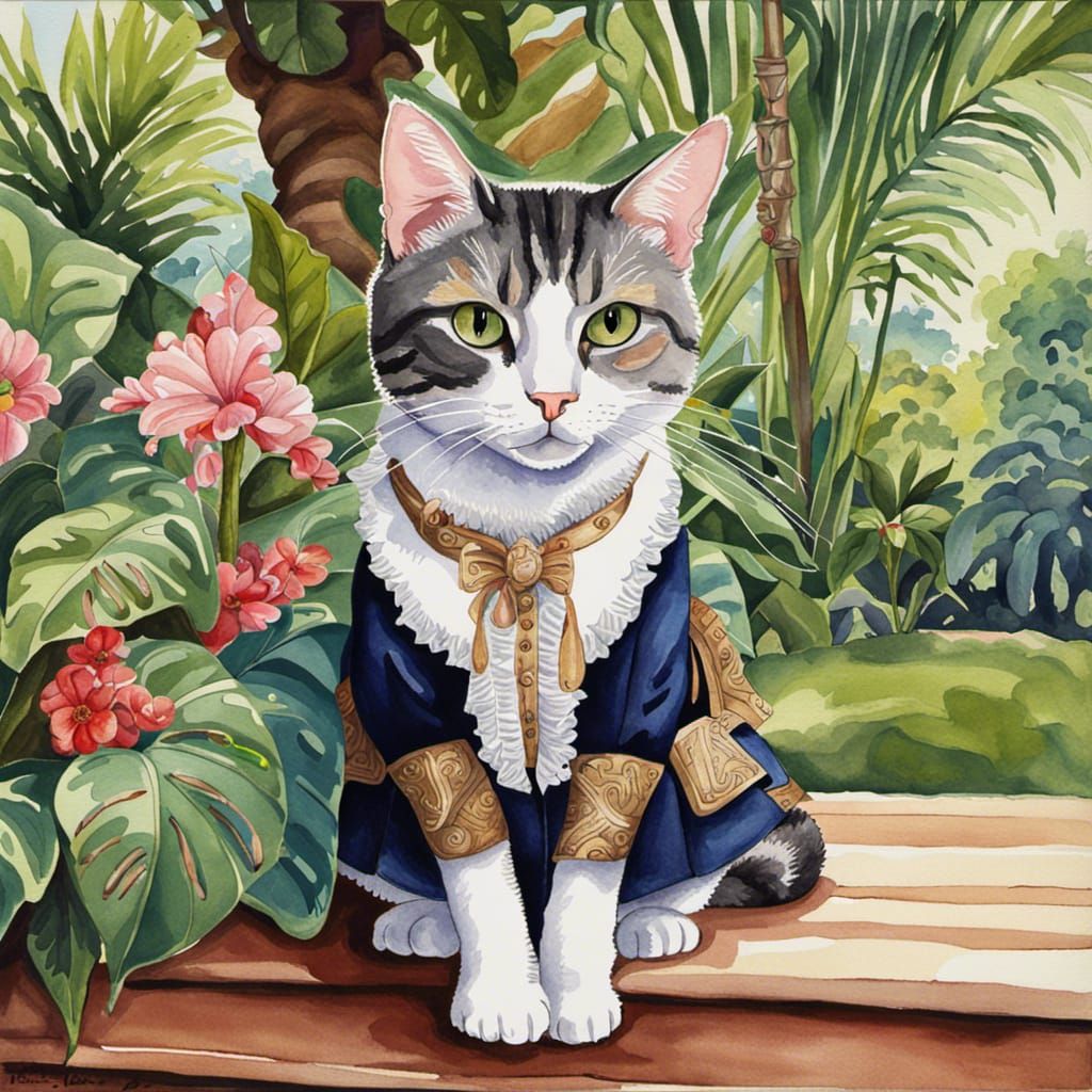 Tabby Cat in Victorian Dress: Watercolor Painting