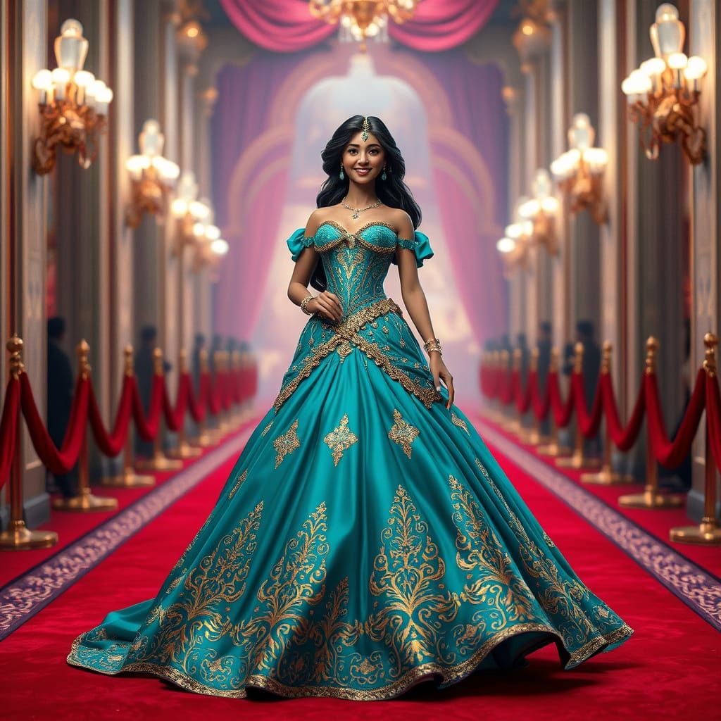 Woman in Teal Gown Poses on Red Carpet