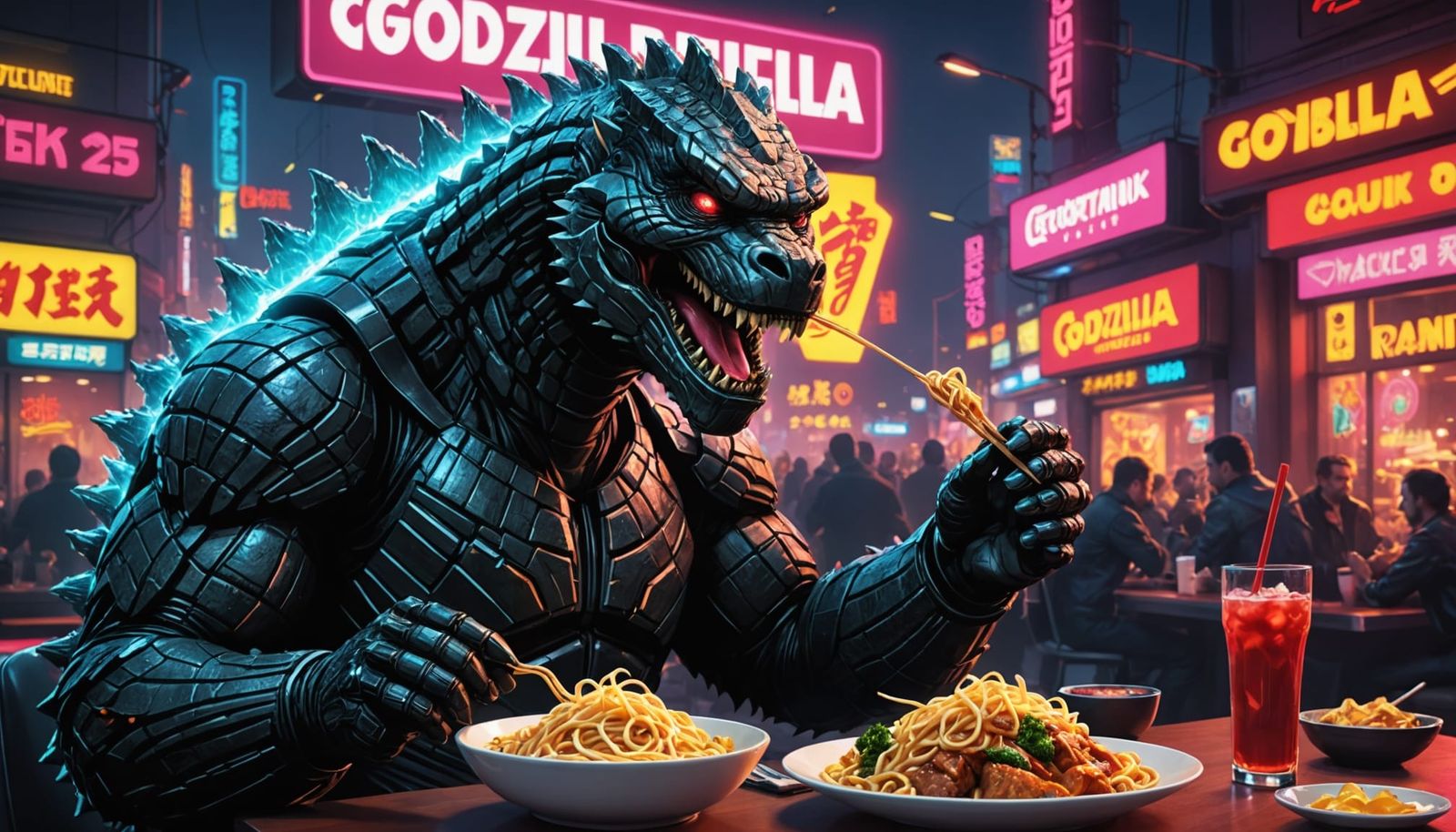 Giant Monster Enjoys Ramen in Neon Cityscape