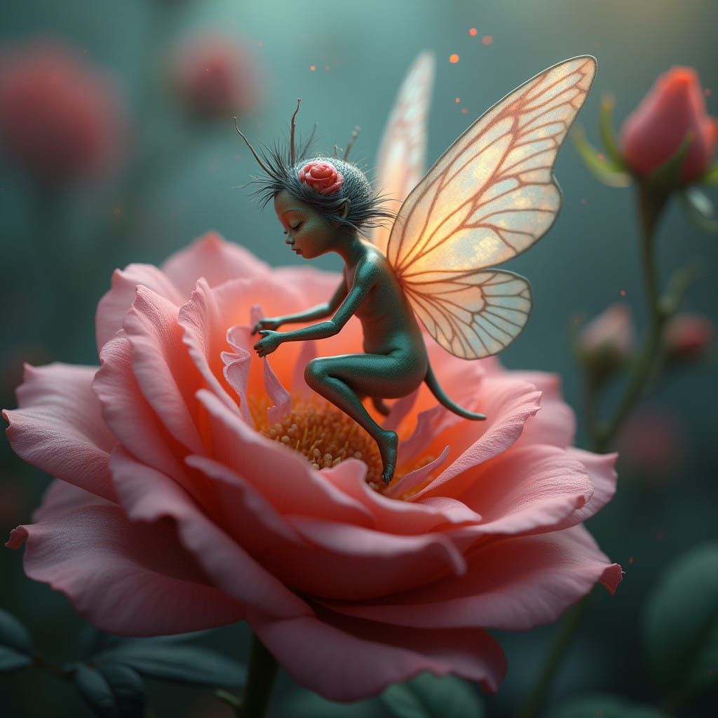 Iridescent Rosebud Fairy in Whimsical Dreamlike World