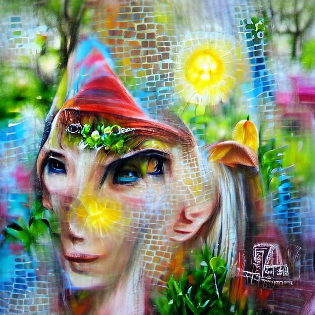 Elf in 19th Century Garden, Mixed Media Art