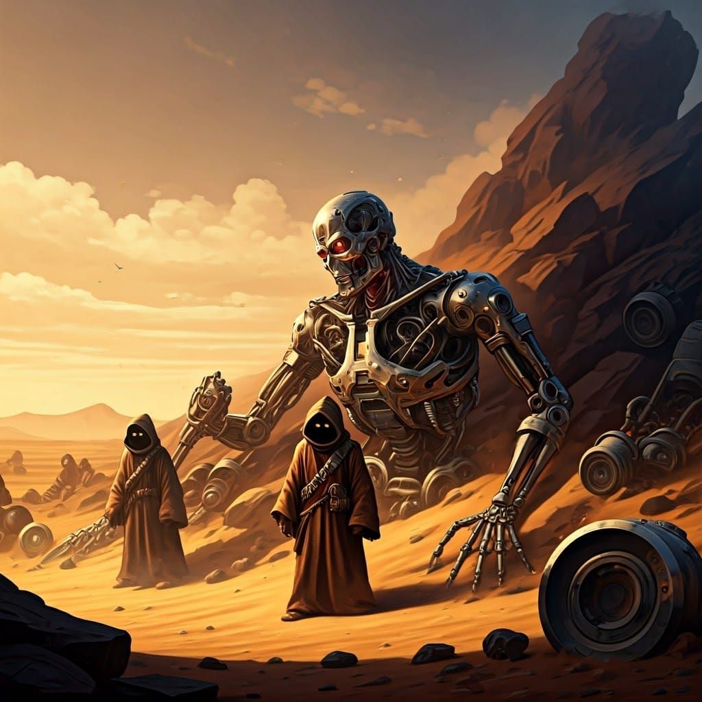 Jawas Scavenging a Terminator, in Gritty Sci-Fi Style