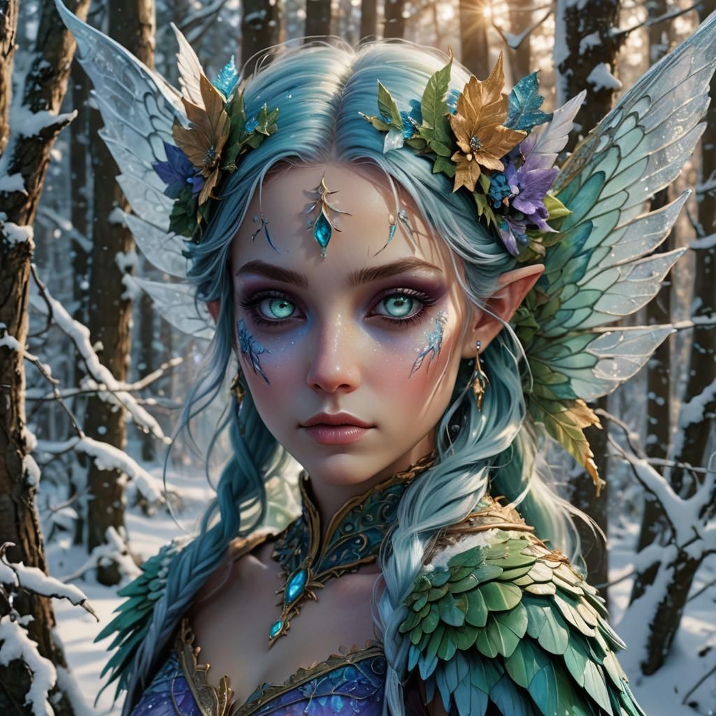 Icy Winter Fae in Snowy Forest: Hyperrealistic Art