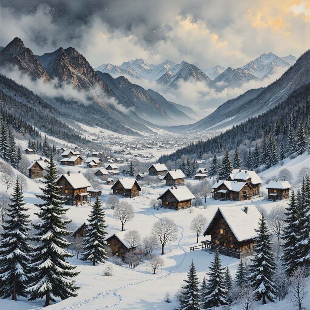 Fierce Winter Storm Engulfs Snowy Mountain Village in Textur...