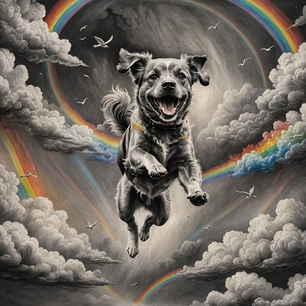 Dog Flying in Rainbow: Hyperdetailed Charcoal Drawing