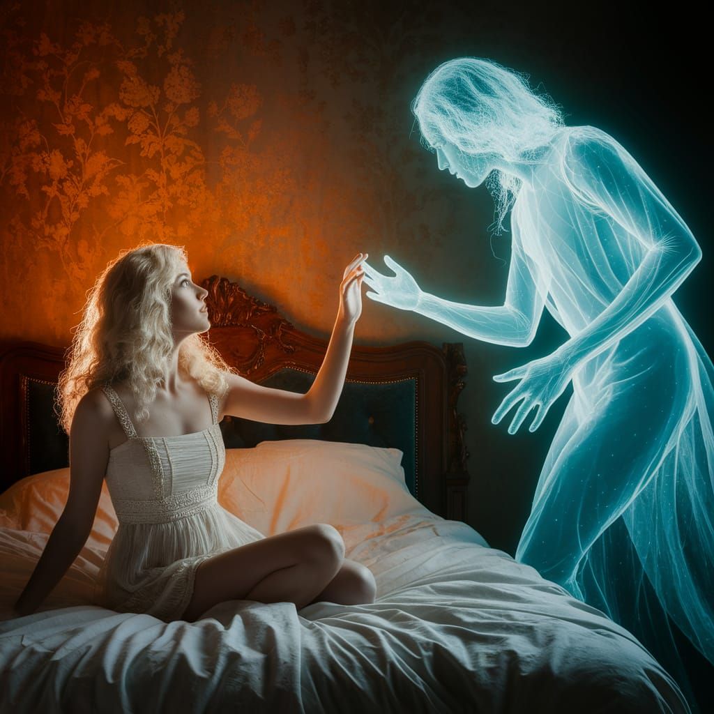 Ethereal Encounter: Woman Reaching for a Ghostly Figure