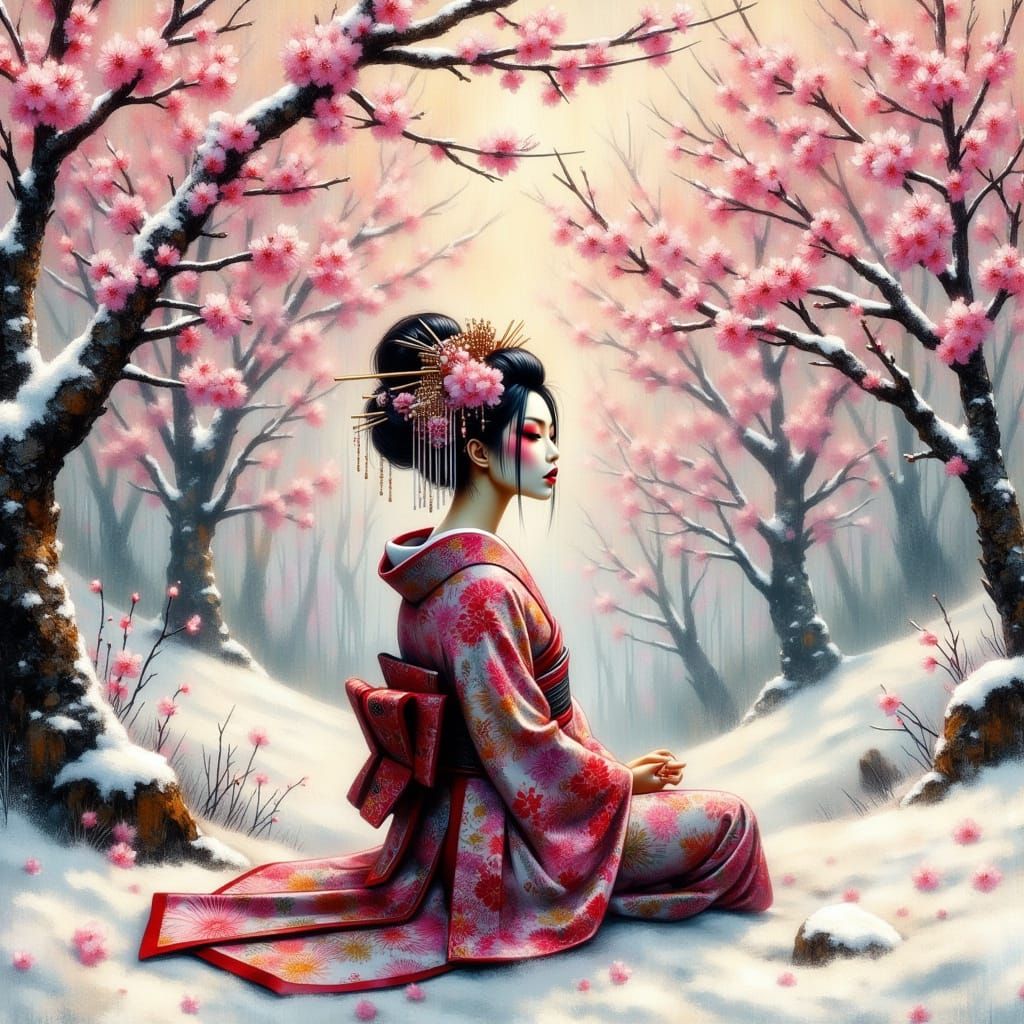 Serene Geisha in Snowy Bloom