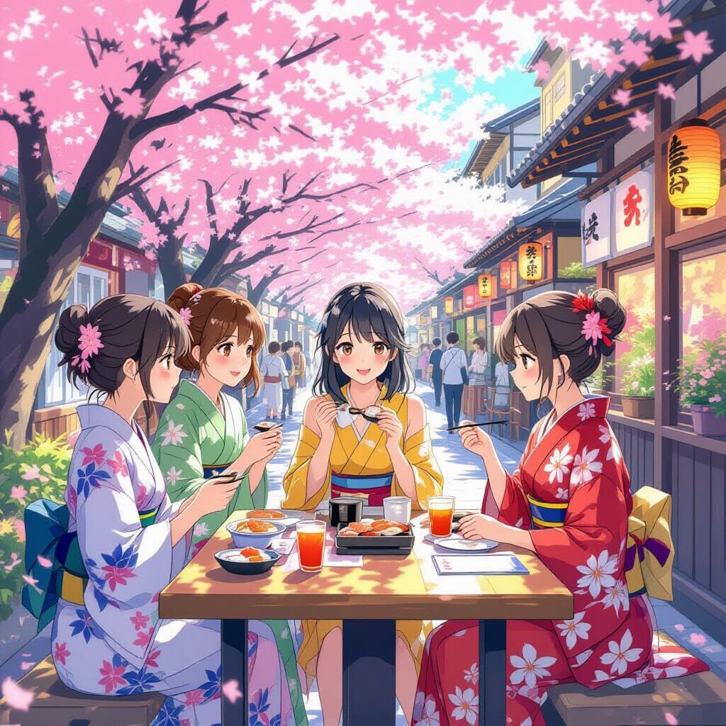 Anime Girl and Friends Enjoying Sushi in Tokyo