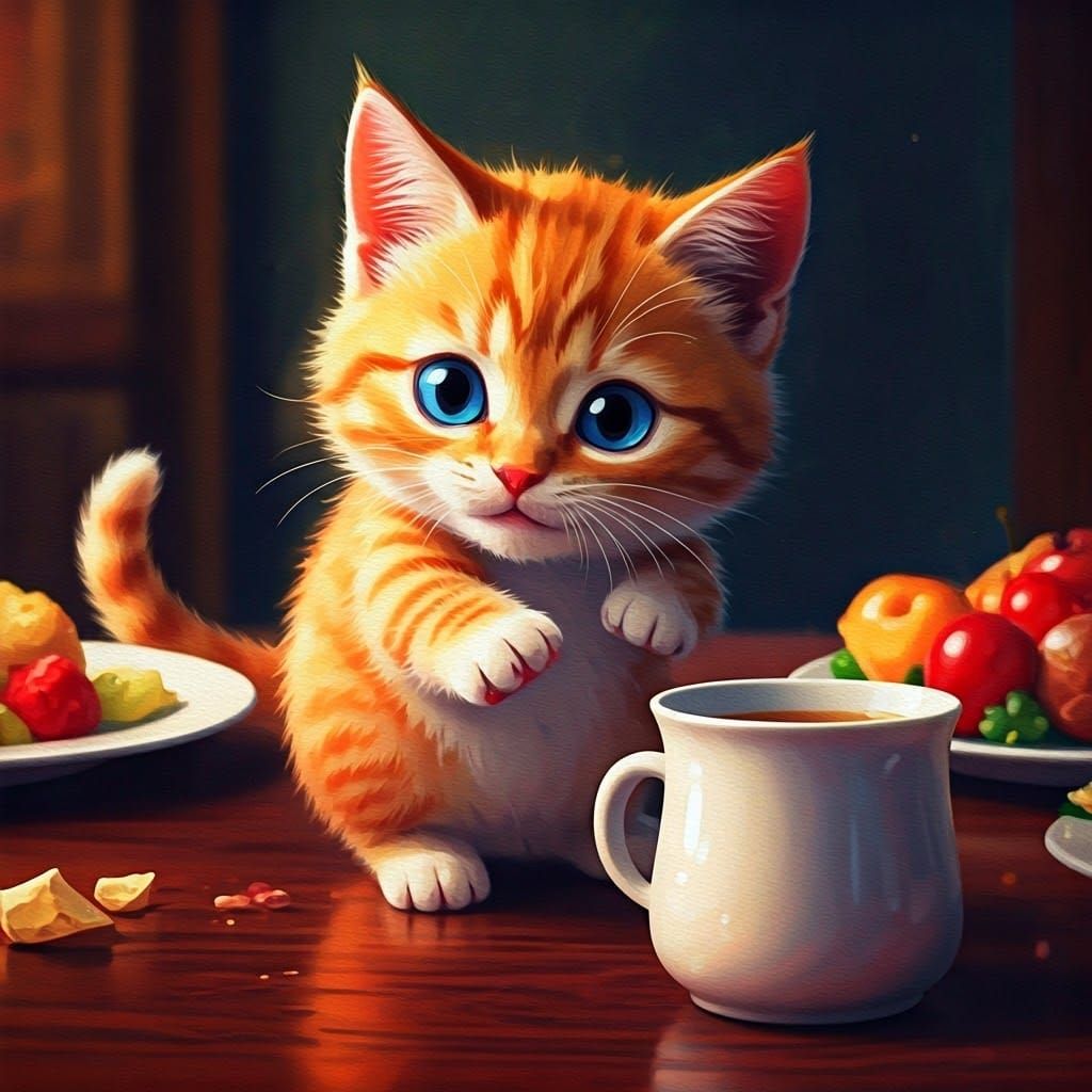 Joyful Kitten Knocking Over a Vibrant Feast