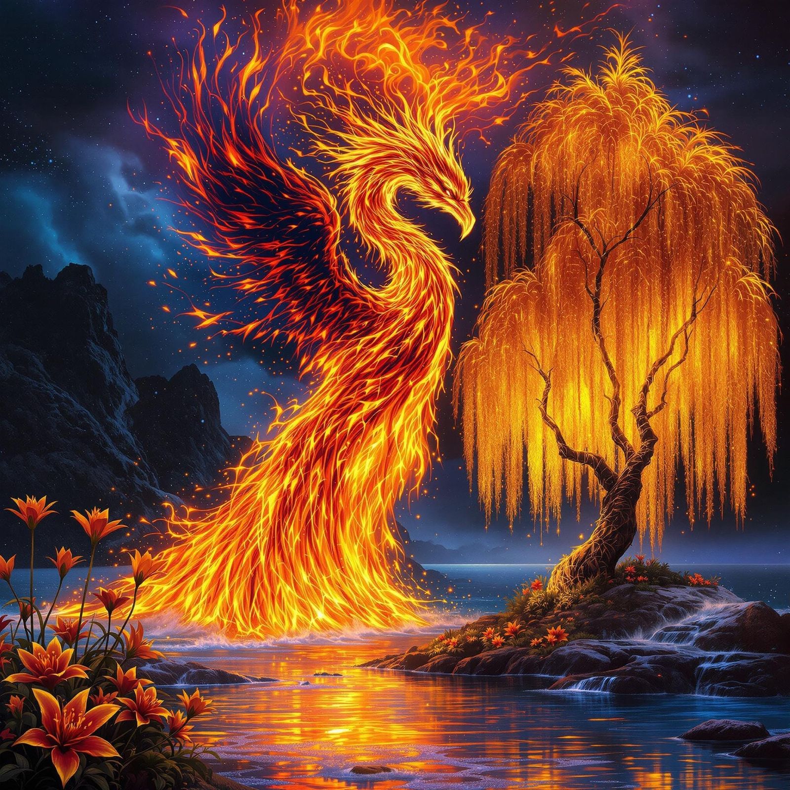 Ethereal Phoenix Beside Illuminated Willow, Nighttime Scene....