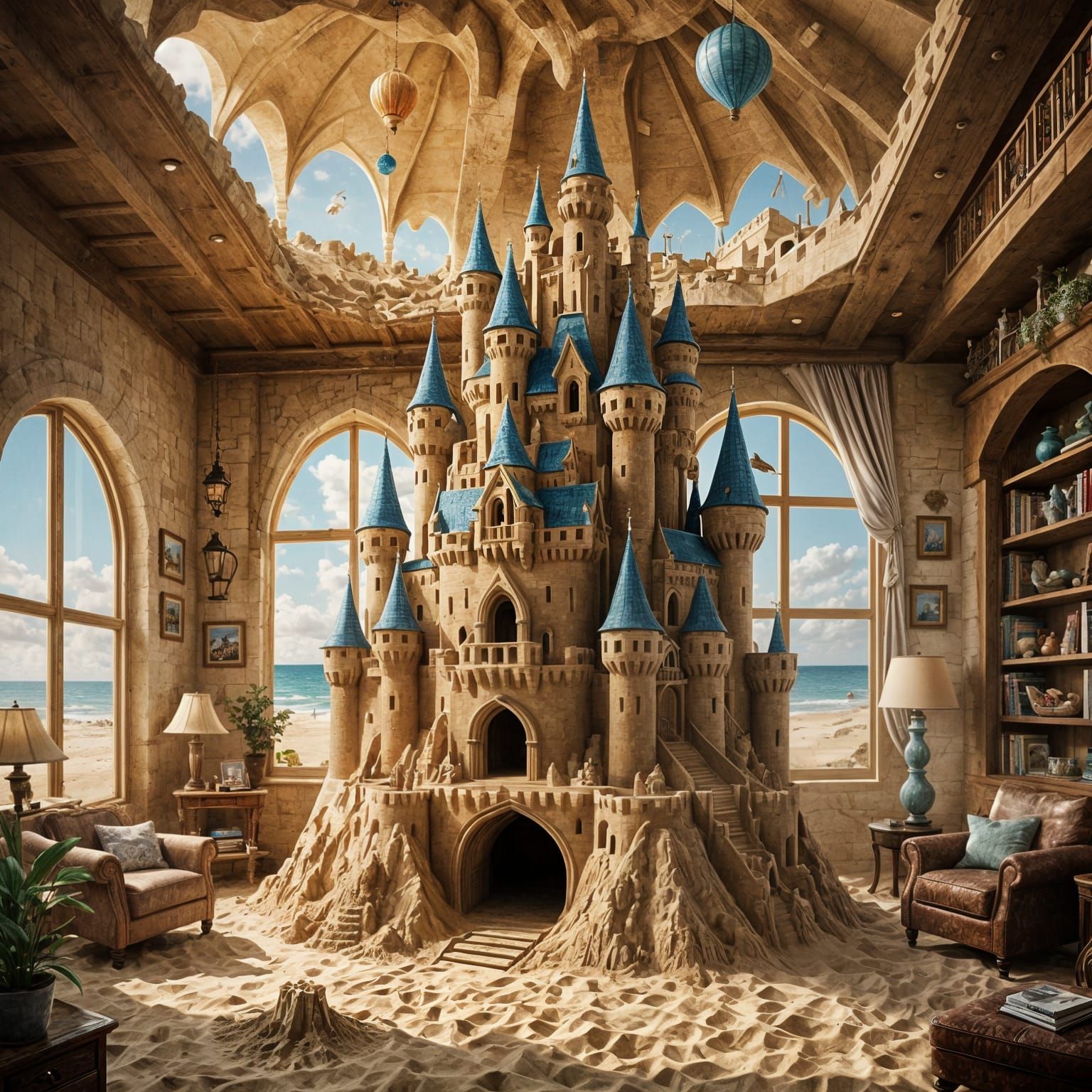 Fantasy Sandcastle Towering in Cozy Living Room