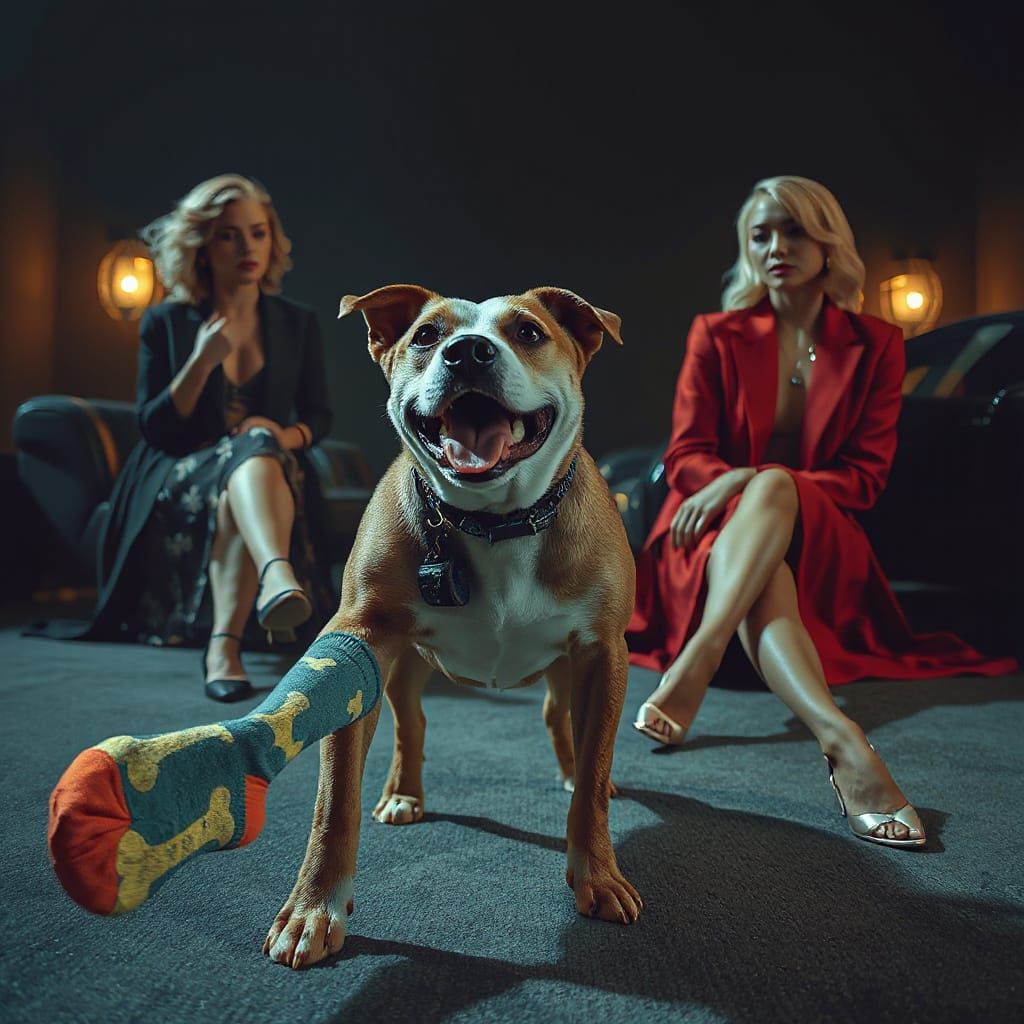 Dog Steals Socks in High-Contrast Cinematic Scene