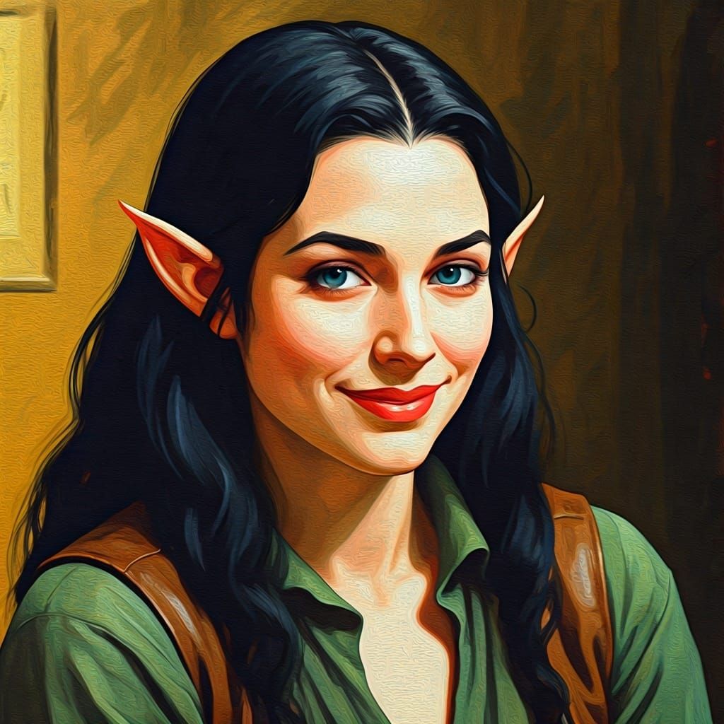 Elf Woman in Tavern: An Impressionistic Oil Portrait