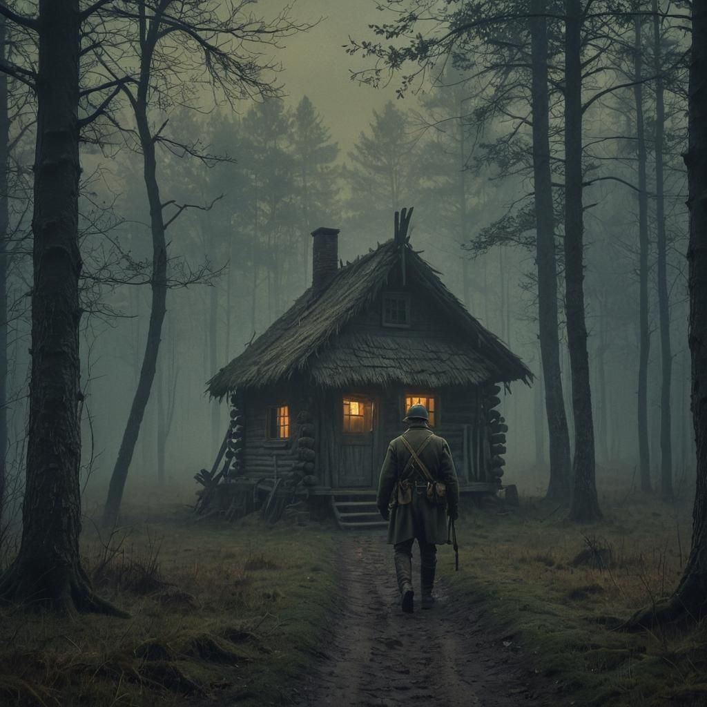 Ukrainian Veteran Approaching Hut in Dark Fantasy Art