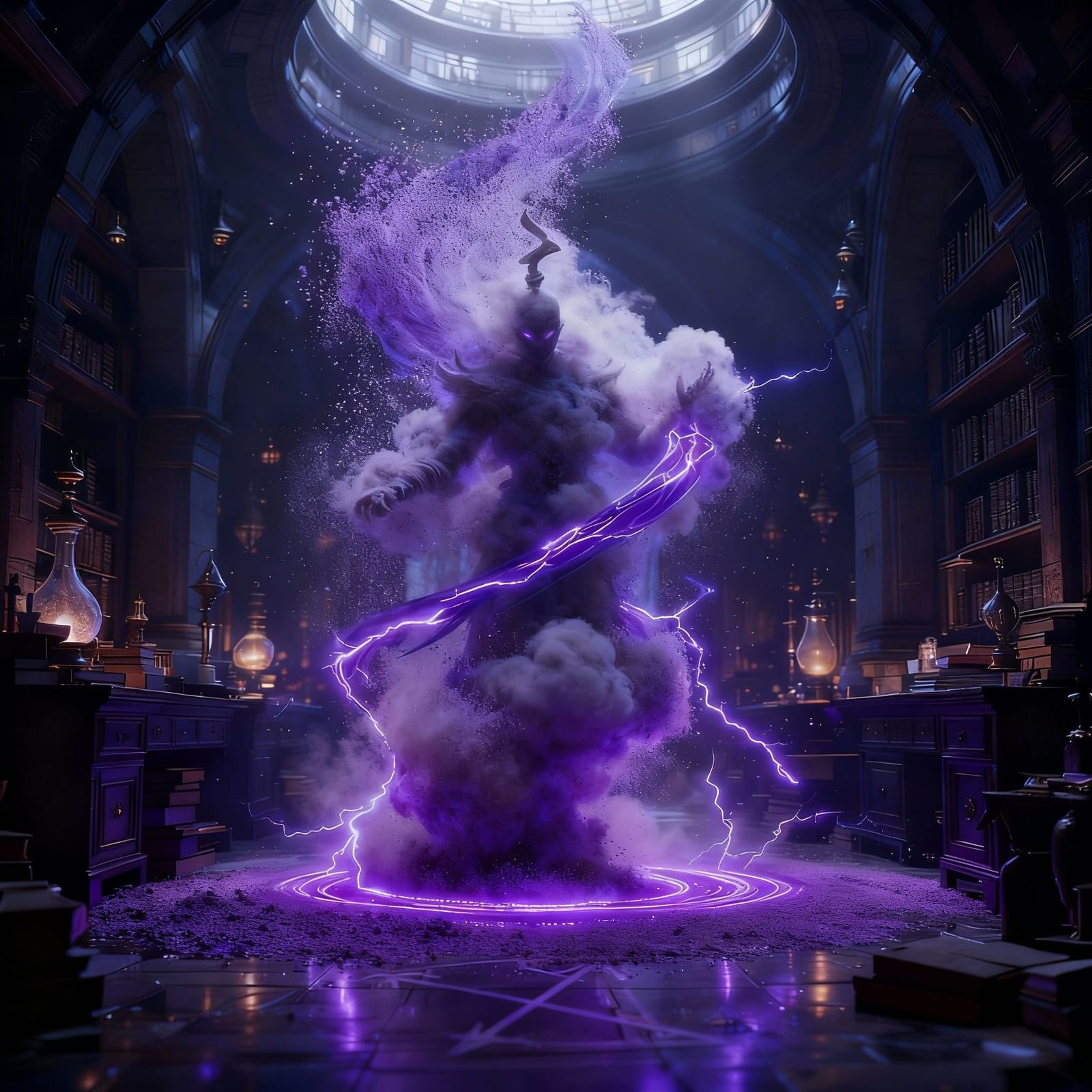 Godlike Genie Emerges from Amethyst Dust in Mage Tower Lab