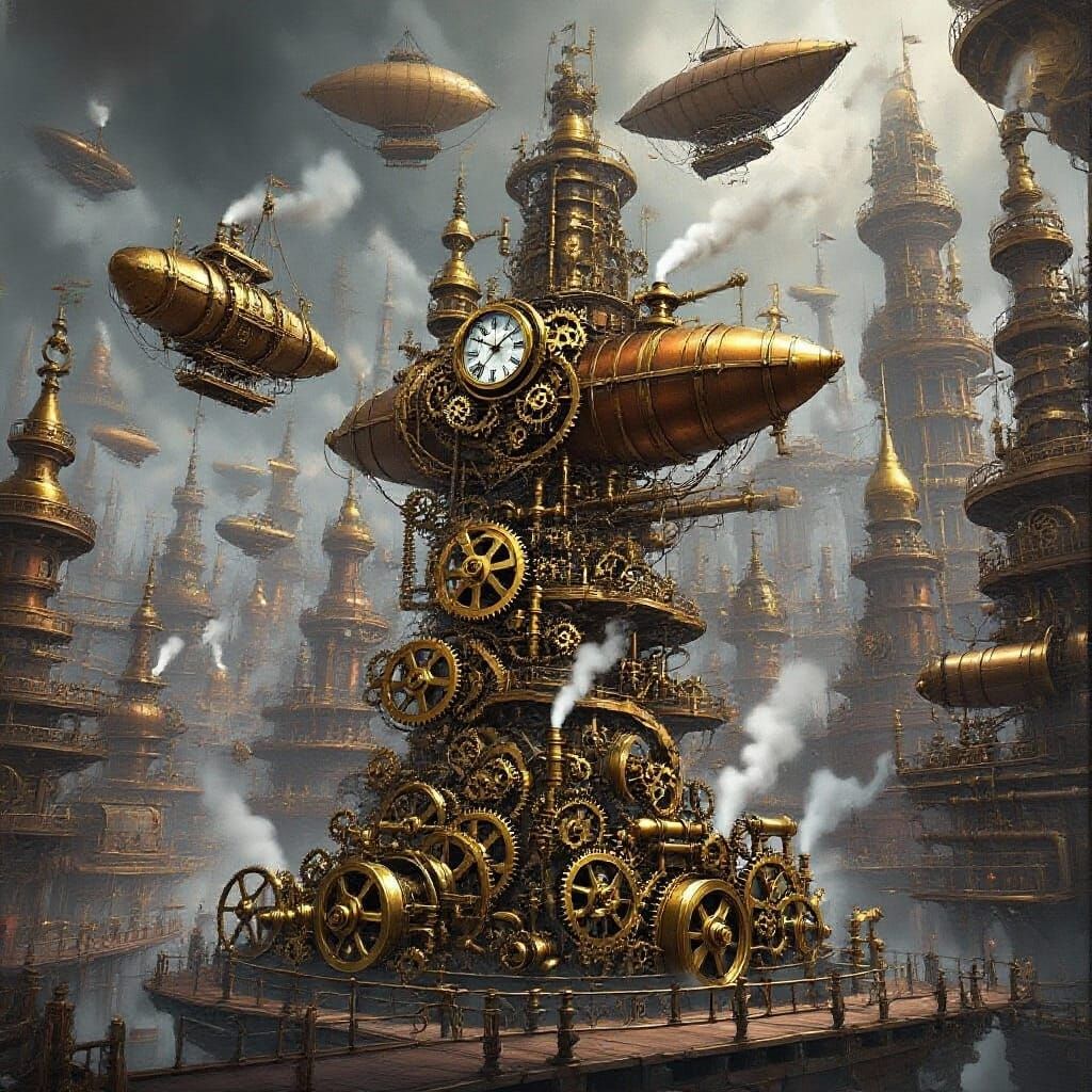 Steampunk Cityscape with Airships and Clockwork Towers