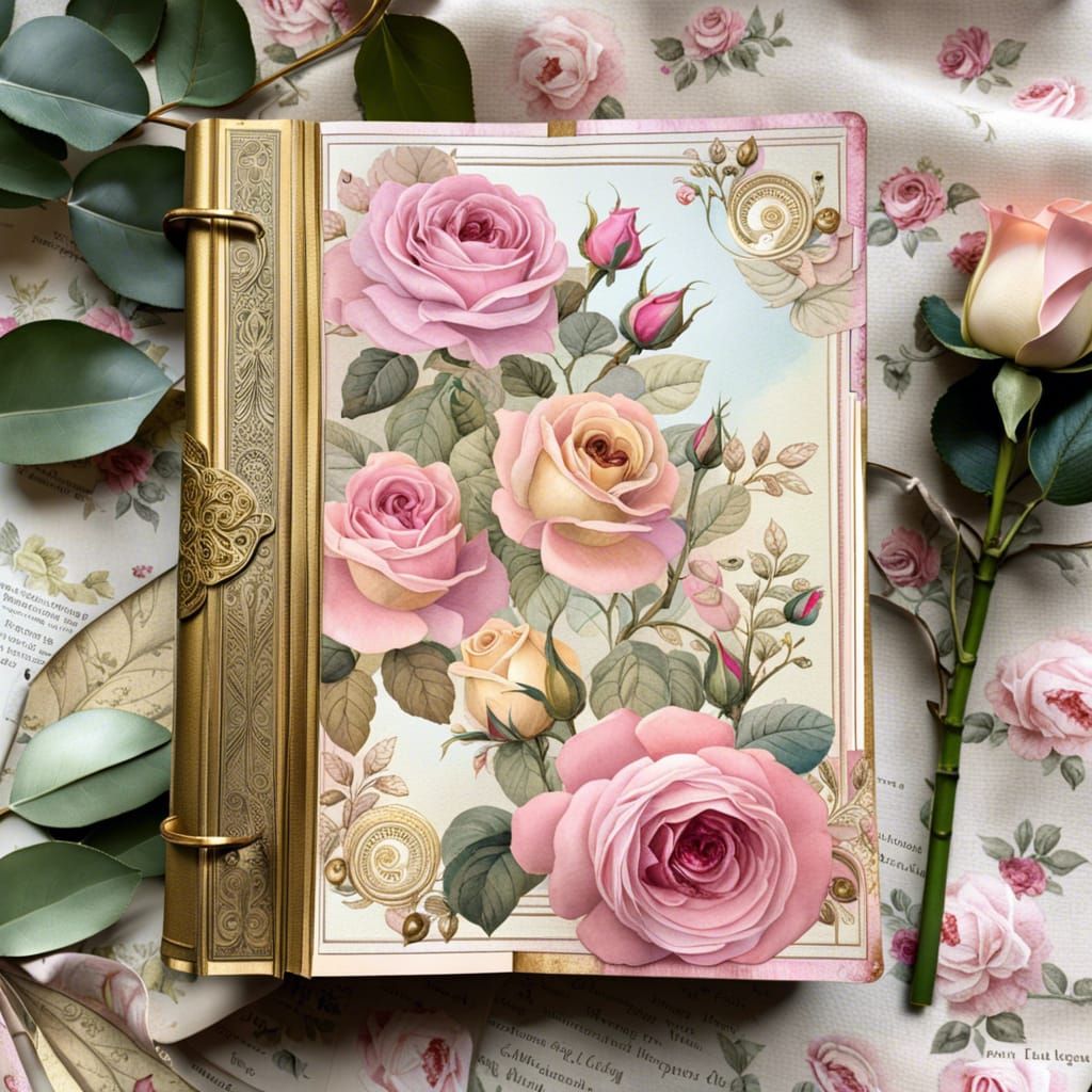 Victorian Junk Journal with Roses in Watercolor Style