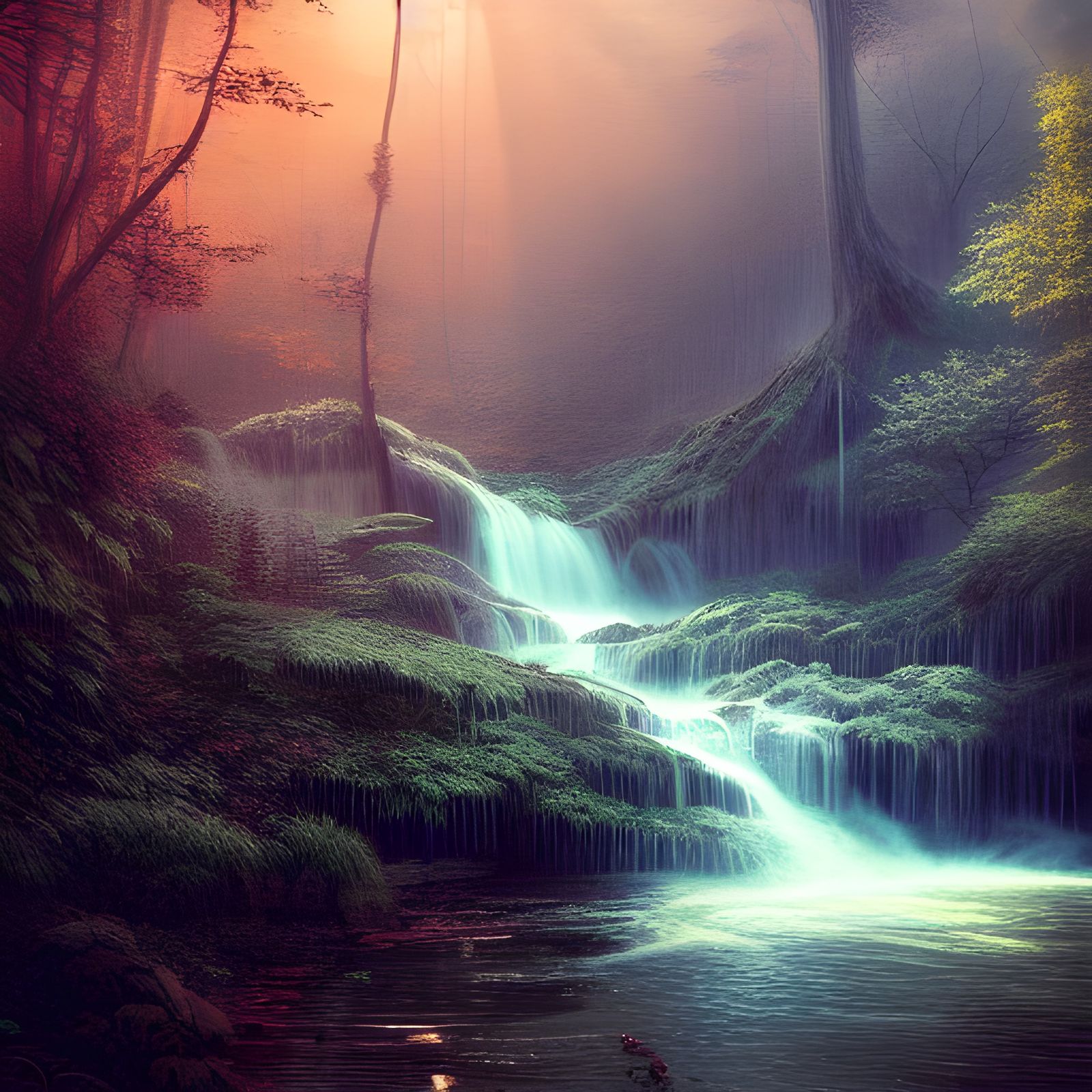 Enchanting Forest Waterfall at Sunset in Fantasy Art Style