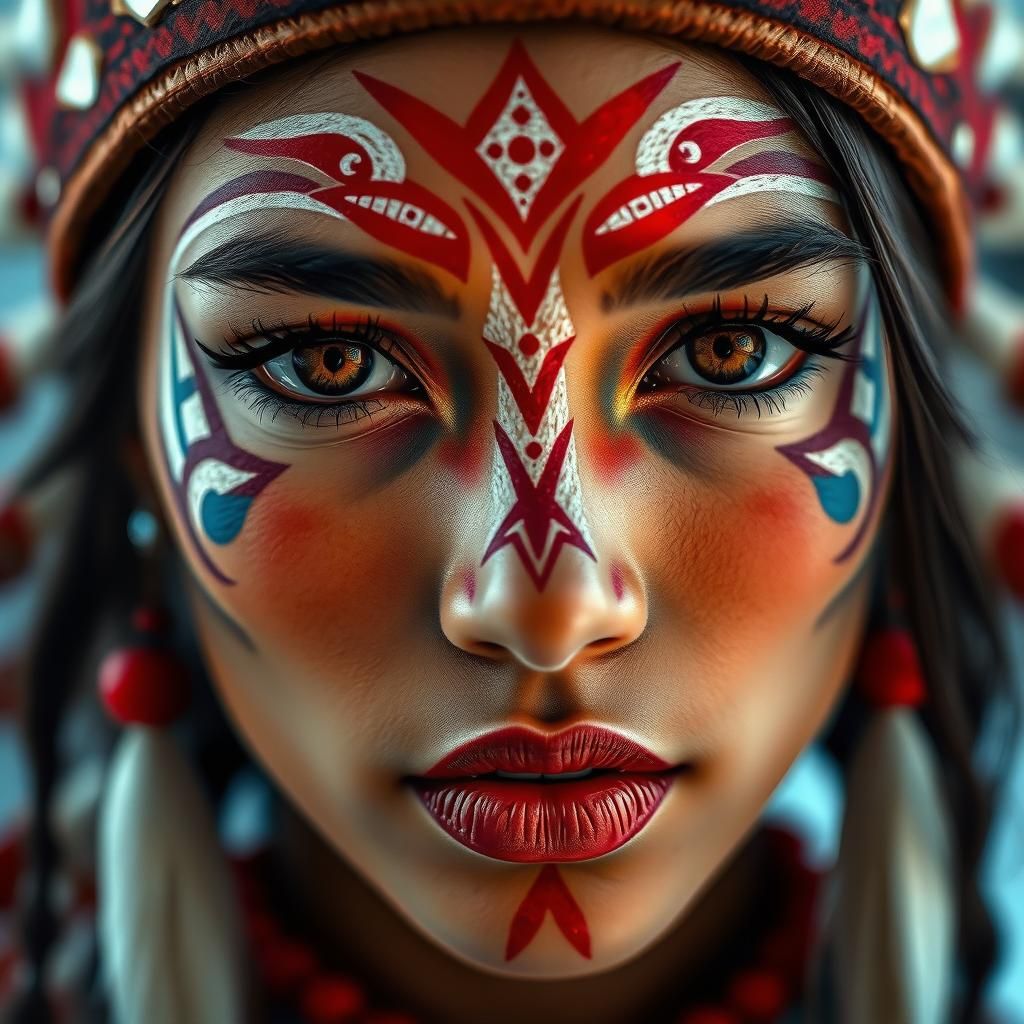 Native American Model as Aztec Warrior in Tribal Paint